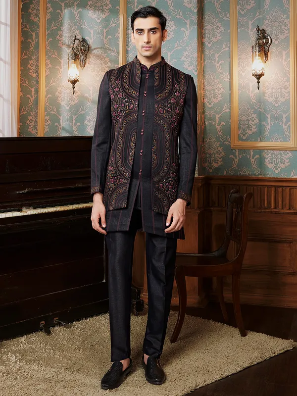 Black raw silk Semi-Indowestern for man