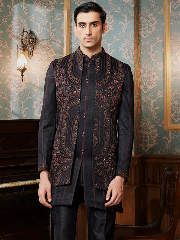 Black raw silk Semi-Indowestern for man