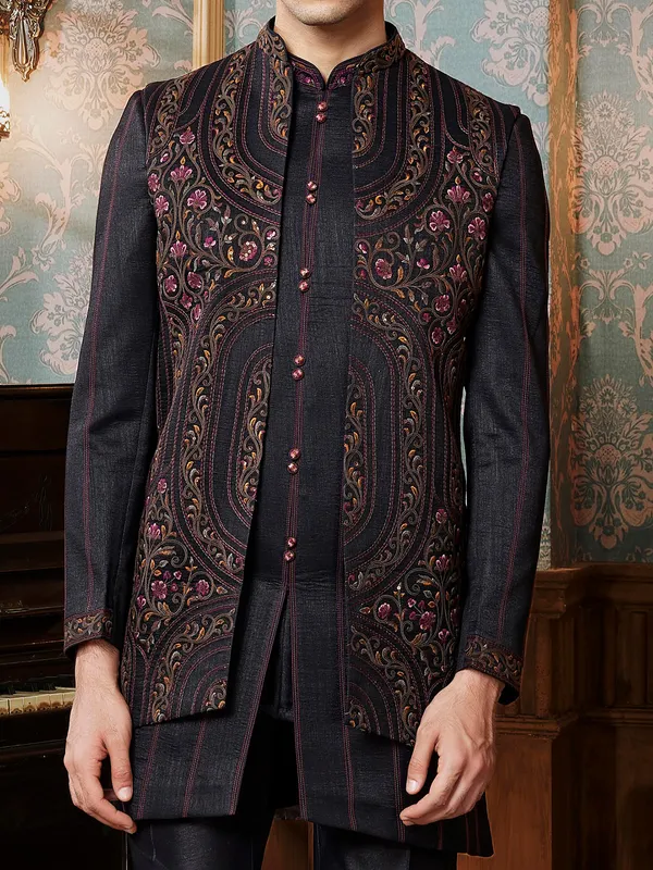 Black raw silk Semi-Indowestern for man