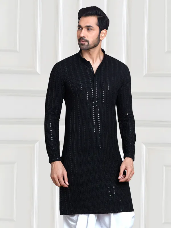 Black rayon cotton kurta with peshawari dhoti