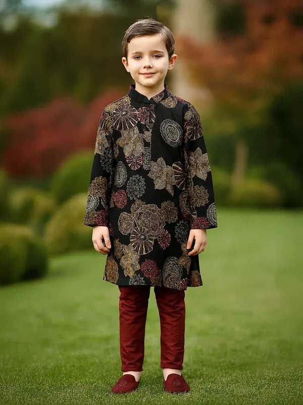 Black rayon printed kurta suit for boys