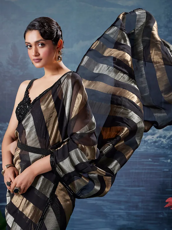Black ready to wear silk saree for wedding celebration