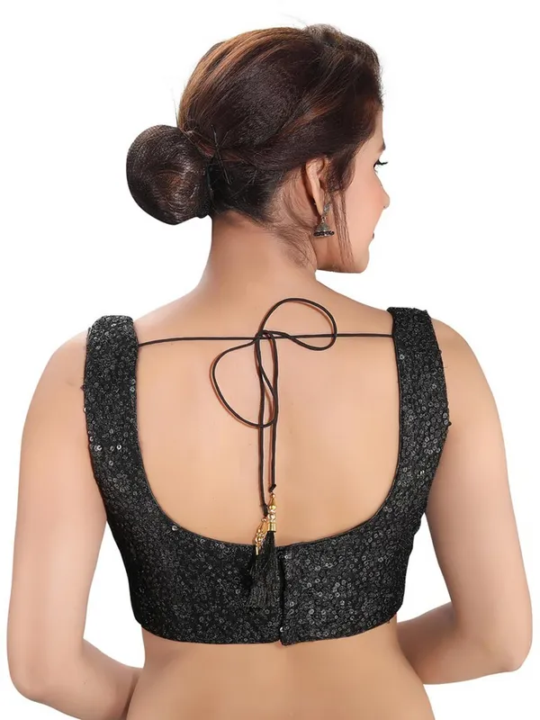 Black readymade blouse in raw silk with sequin work