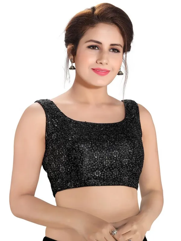 Black readymade blouse in raw silk with sequin work