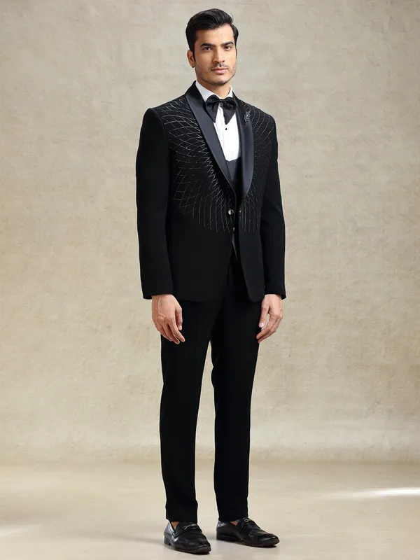 Black reception wear tuxedo suit in cutdana work