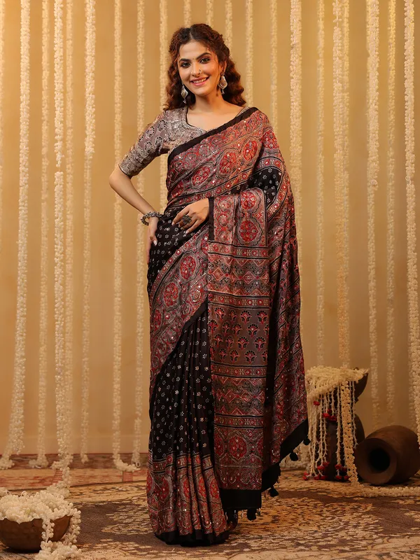 Black resham worked cotton silk saree