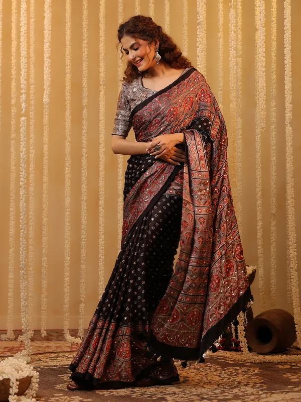 Black resham worked cotton silk saree