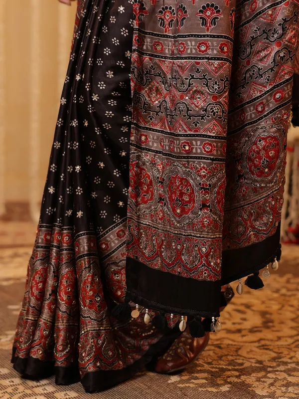 Black resham worked cotton silk saree