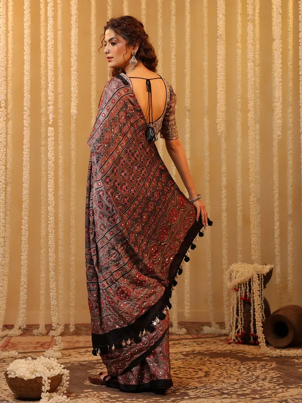 Black resham worked cotton silk saree