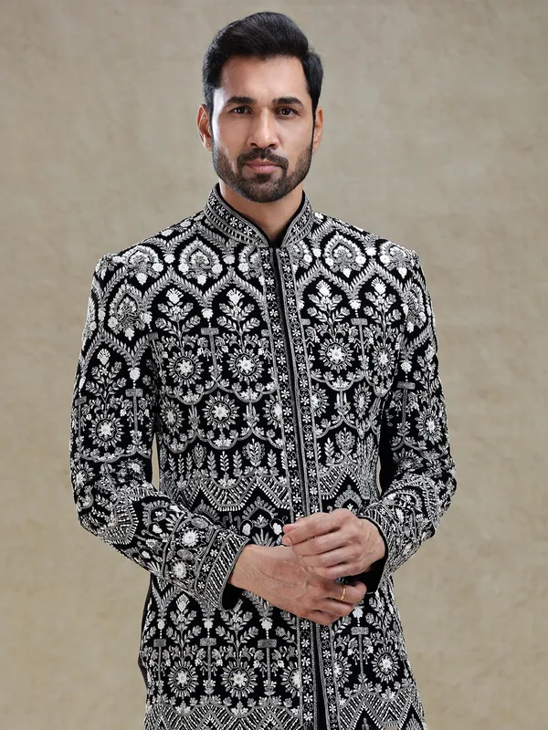 Black rich worked velvet long sherwani for men