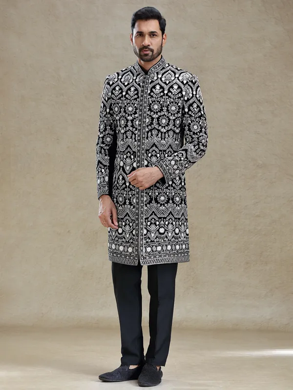 Black rich worked velvet long sherwani for men