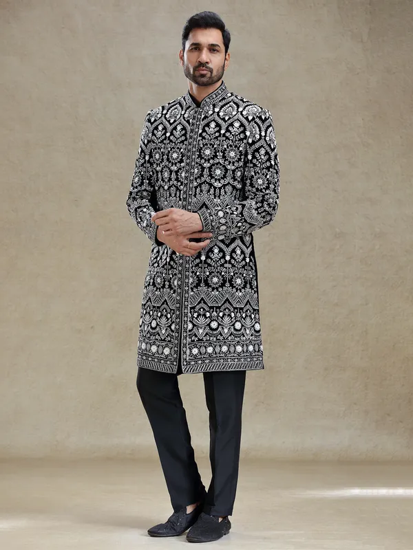 Black rich worked velvet long sherwani for men