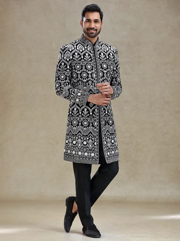 Black rich worked velvet long sherwani for men