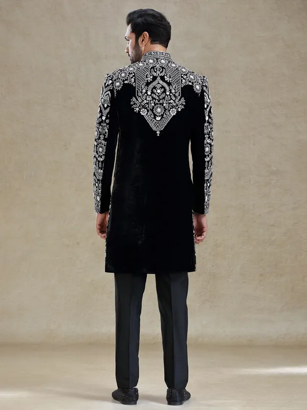 Black rich worked velvet long sherwani for men