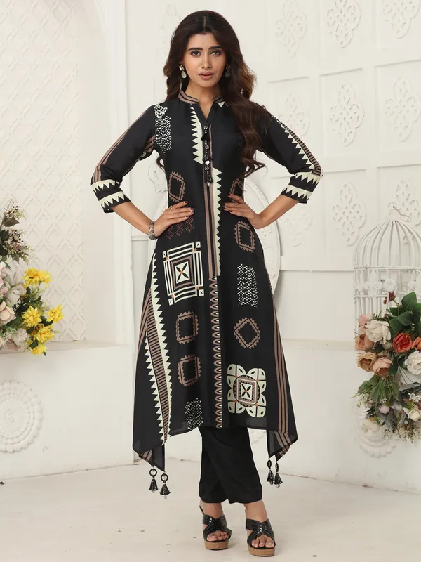 Black russian silk kurti set with printed