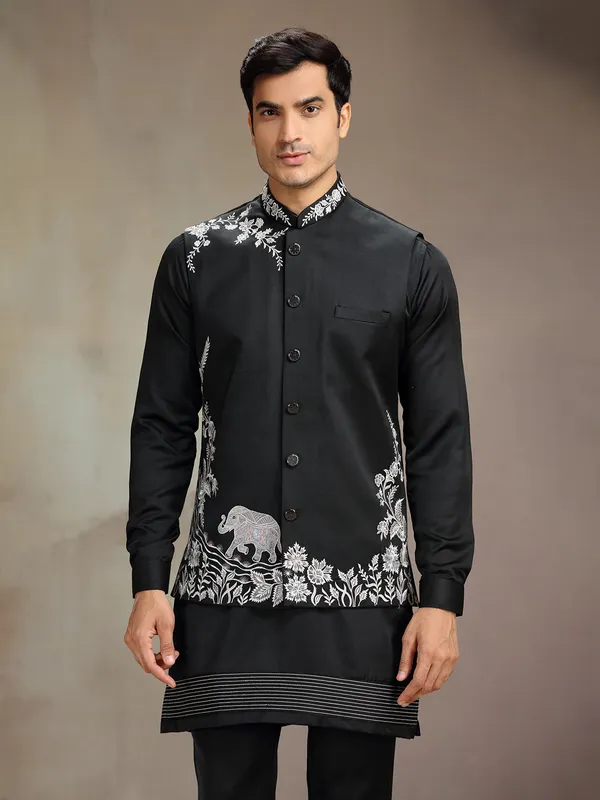 Black satin linen wedding wear waistcoat set with embroidery