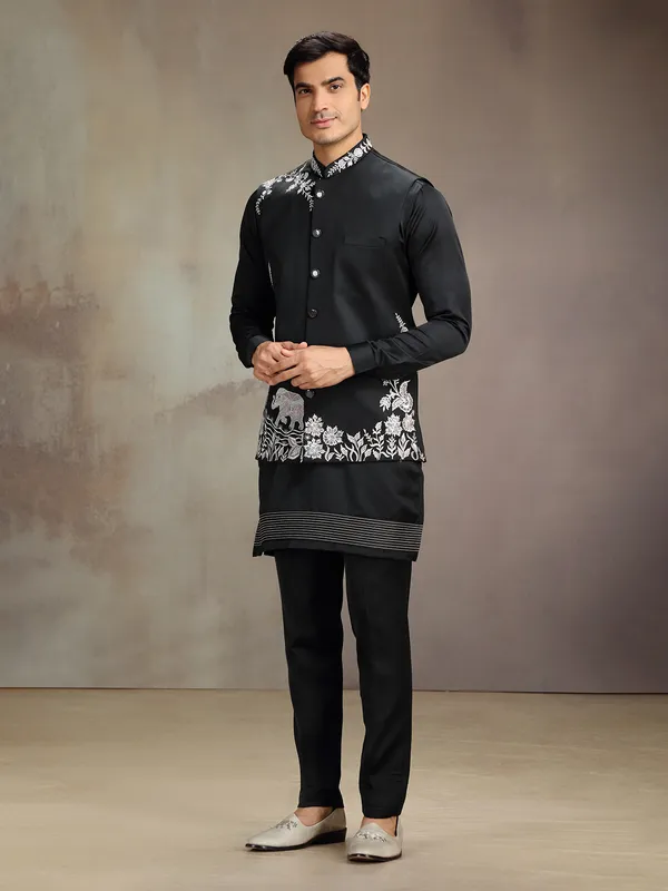 Black satin linen wedding wear waistcoat set with embroidery