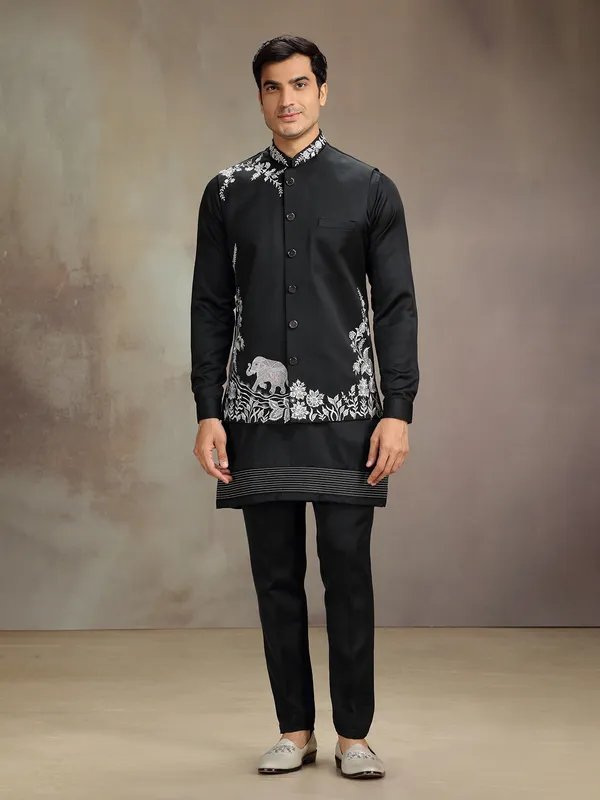 Black satin linen wedding wear waistcoat set with embroidery