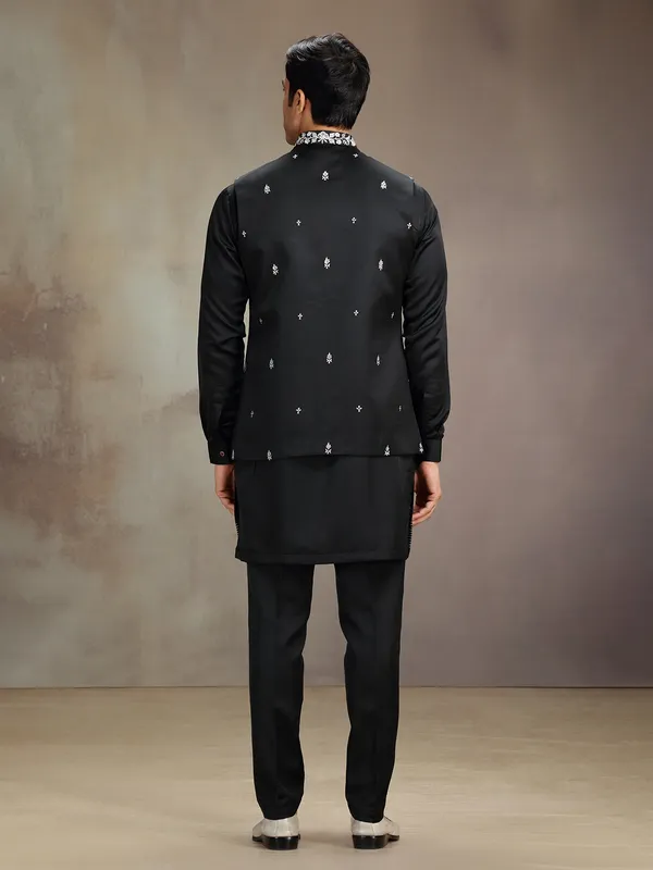 Black satin linen wedding wear waistcoat set with embroidery