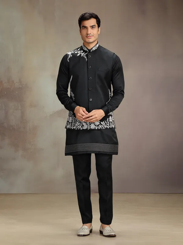 Black satin linen wedding wear waistcoat set with embroidery