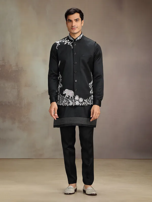 Black satin linen wedding wear waistcoat set with embroidery