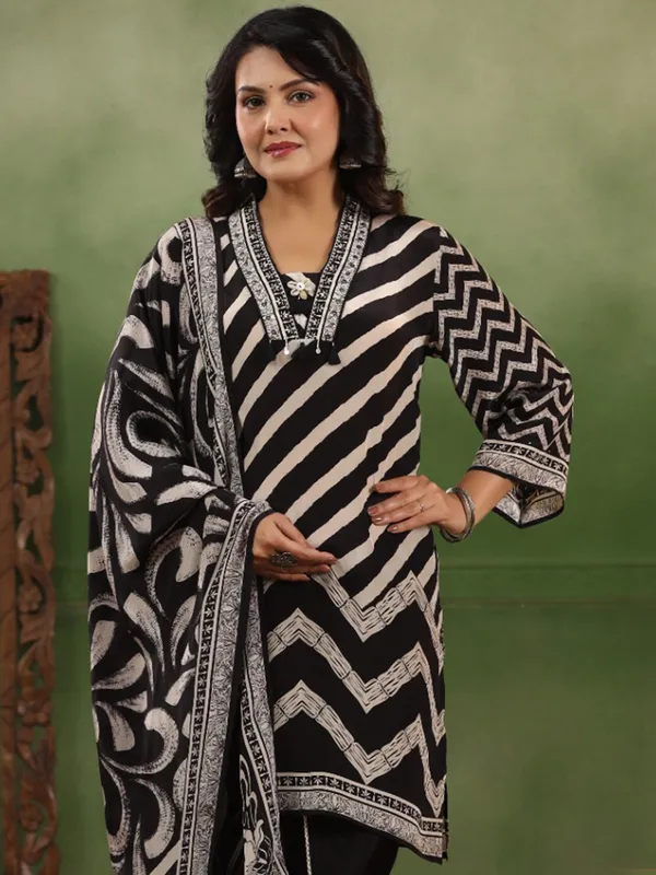Black satin printed kurti set with print