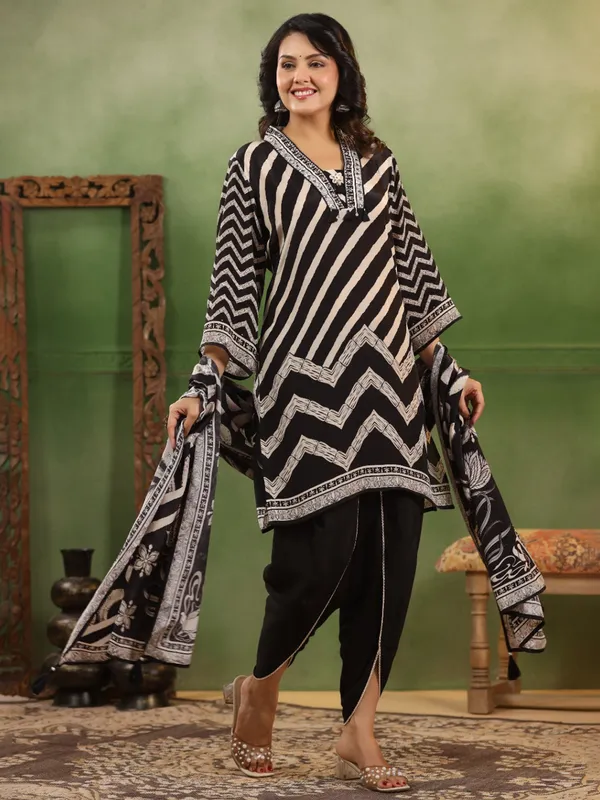 Black satin printed kurti set with print