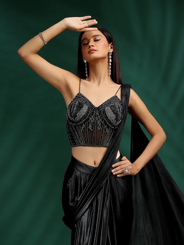 Black satin ready to wear saree for party