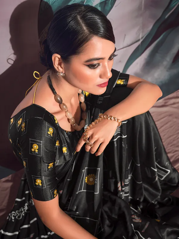 Black satin saree in printed