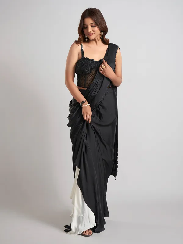 Black satin silk designer party wear saree