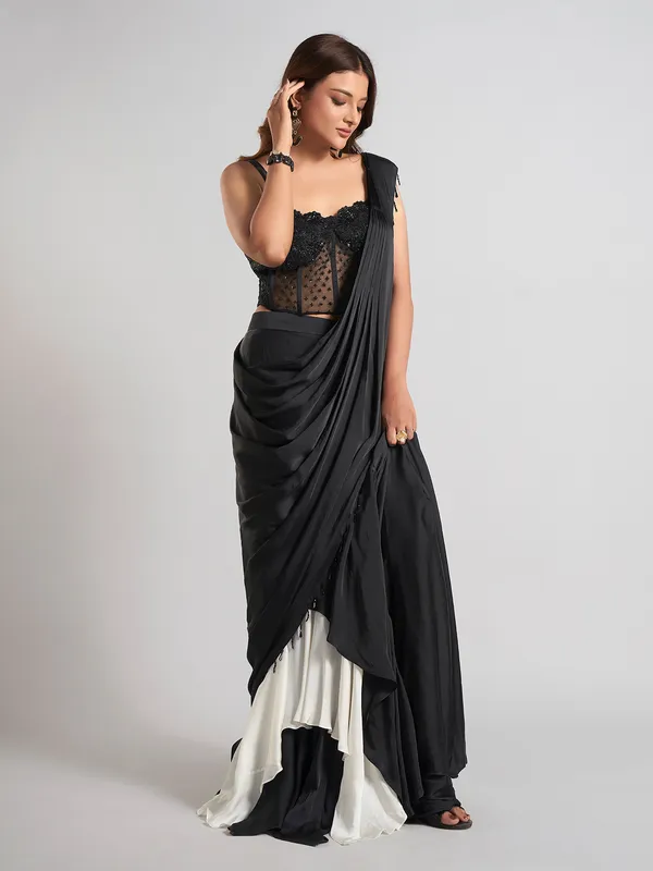 Black satin silk designer party wear saree