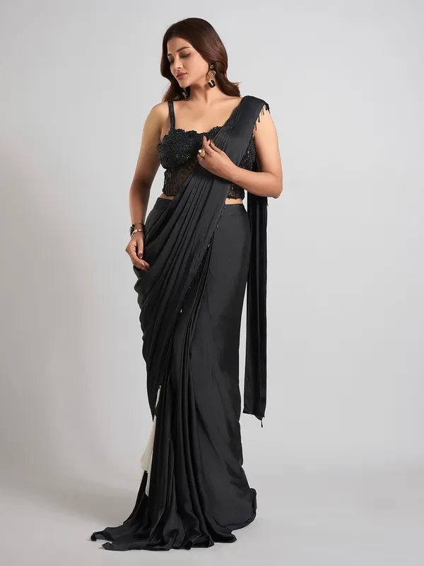 Black satin silk designer party wear saree