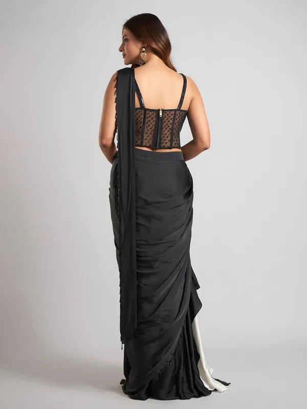 Black satin silk designer party wear saree