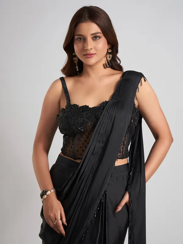 Black satin silk designer party wear saree