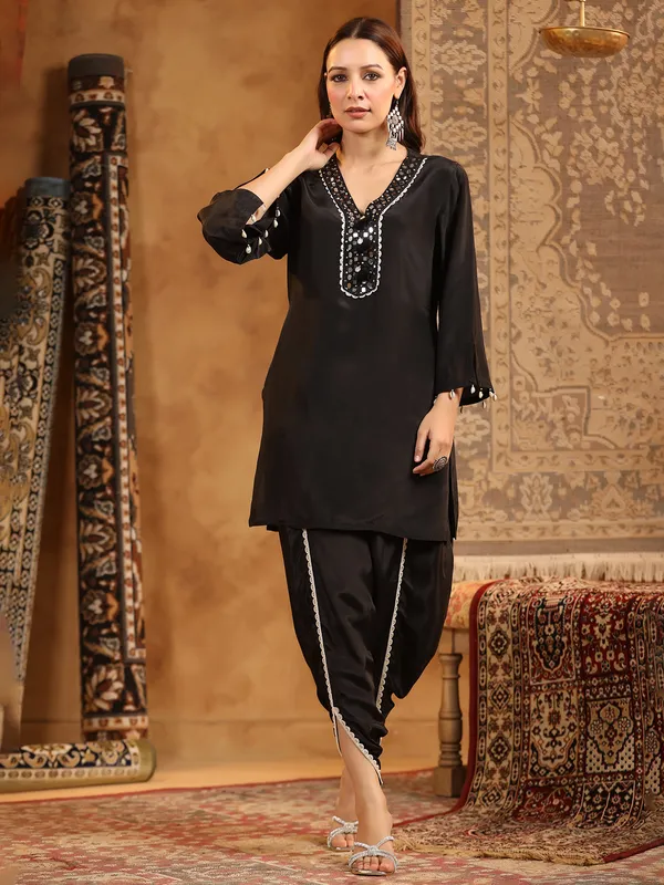 Black satin silk dhoti kurti set