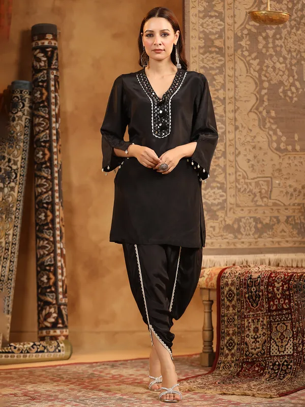 Black satin silk dhoti kurti set