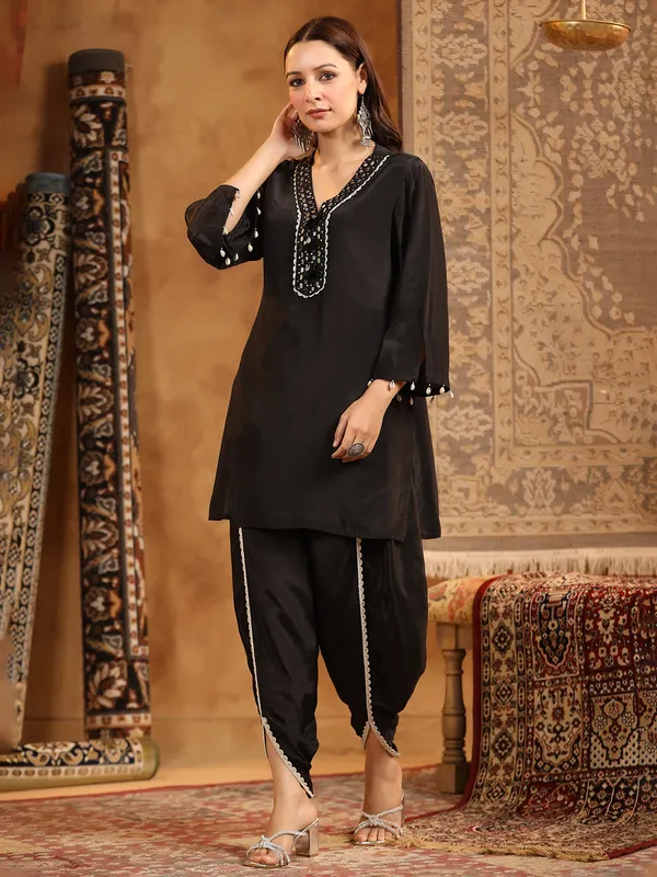 Black satin silk dhoti kurti set