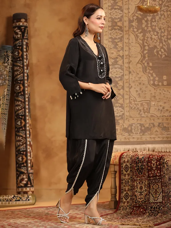 Black satin silk dhoti kurti set