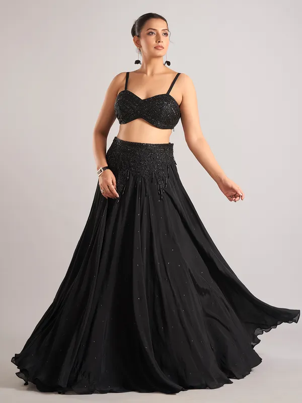 Black satin silk lehenga choli for party wear