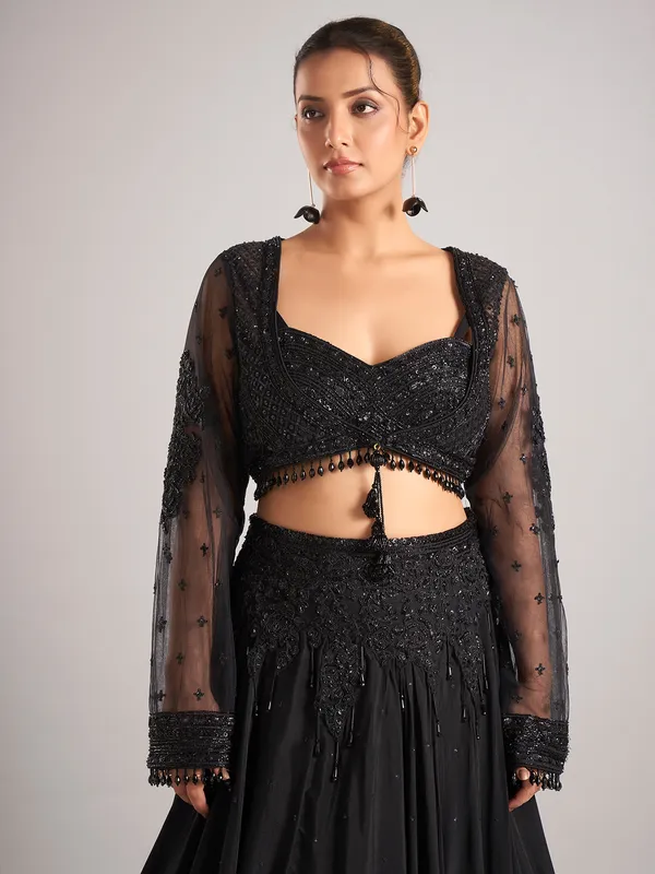 Black satin silk lehenga choli for party wear