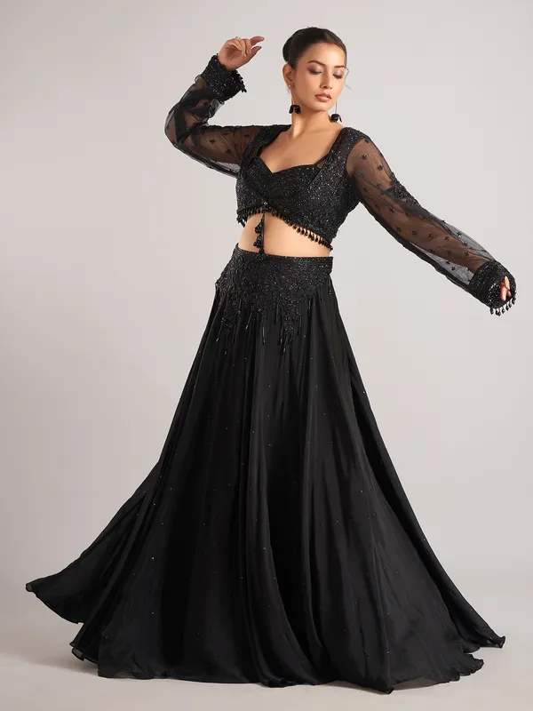 Black satin silk lehenga choli for party wear