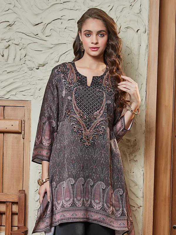 Black satin silk palazzo kurti set in printed