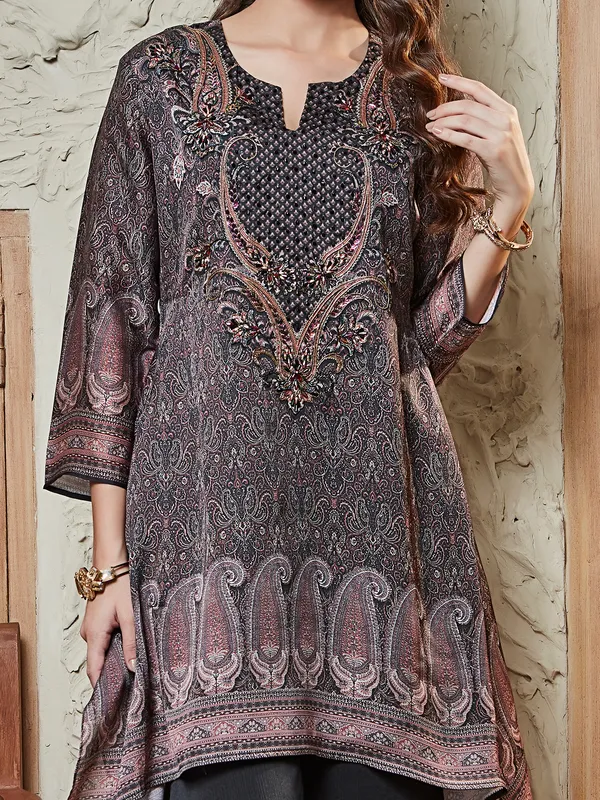 Black satin silk palazzo kurti set in printed
