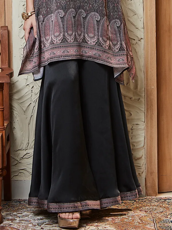 Black satin silk palazzo kurti set in printed