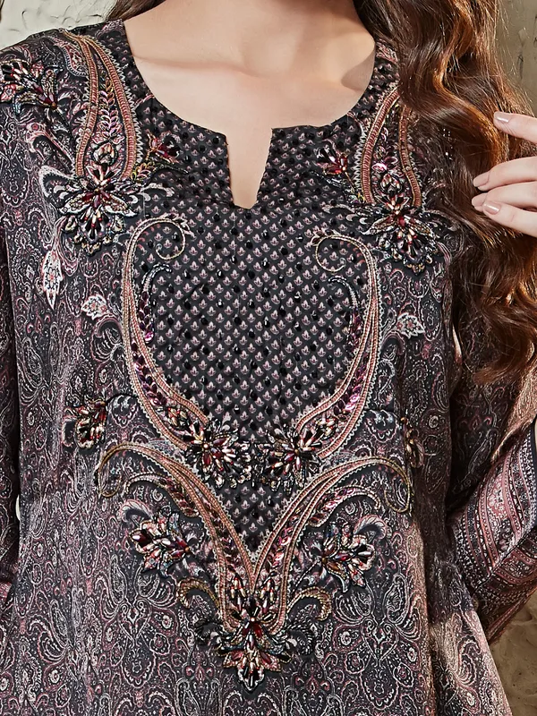 Black satin silk palazzo kurti set in printed