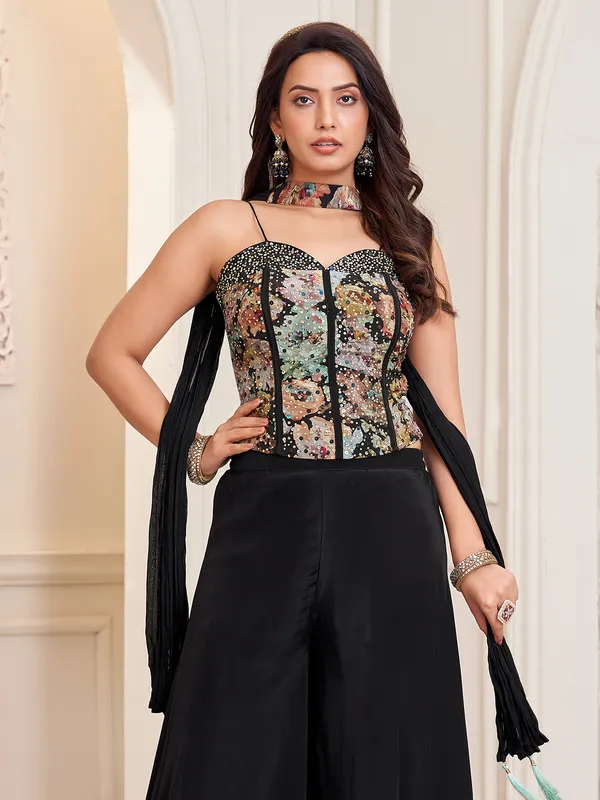 Black satin silk palazzo suit with dupatta