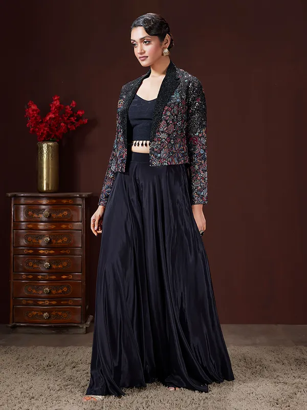 Black satin silk palazzo suit with jacket