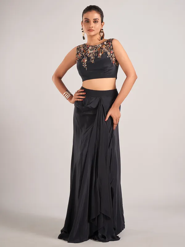 Black satin silk party wear indowestern suit