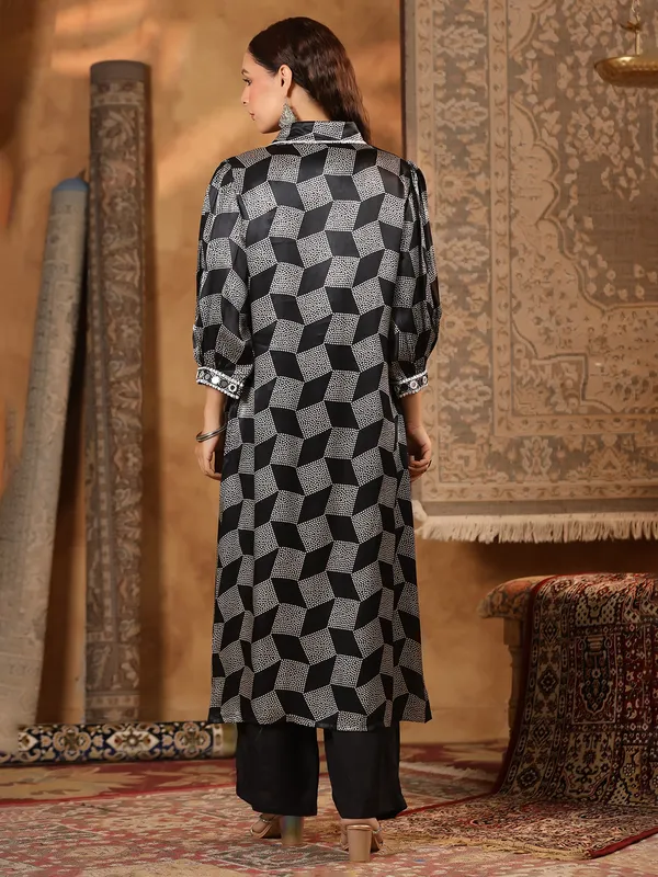 Black satin silk printed kurti set
