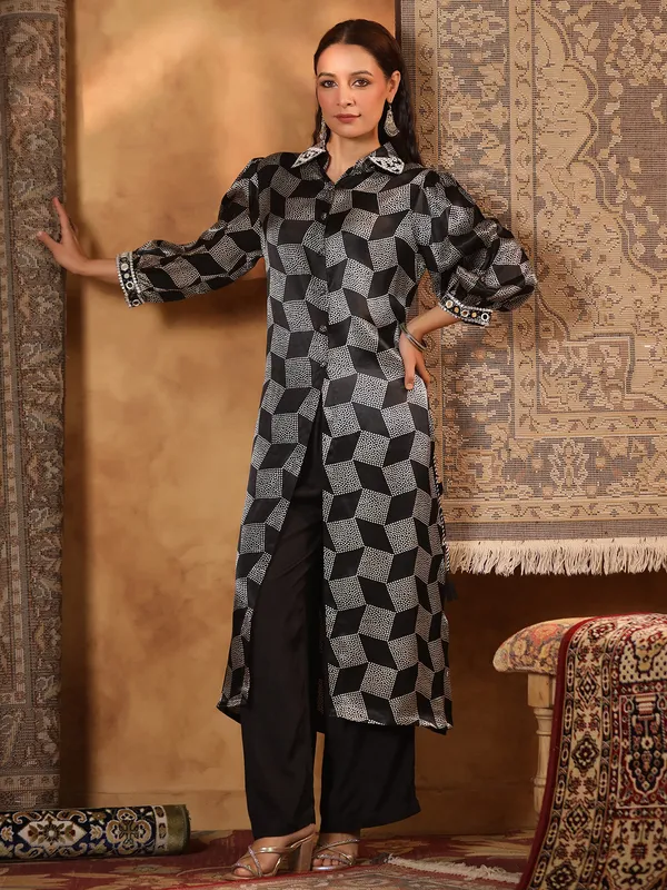 Black satin silk printed kurti set